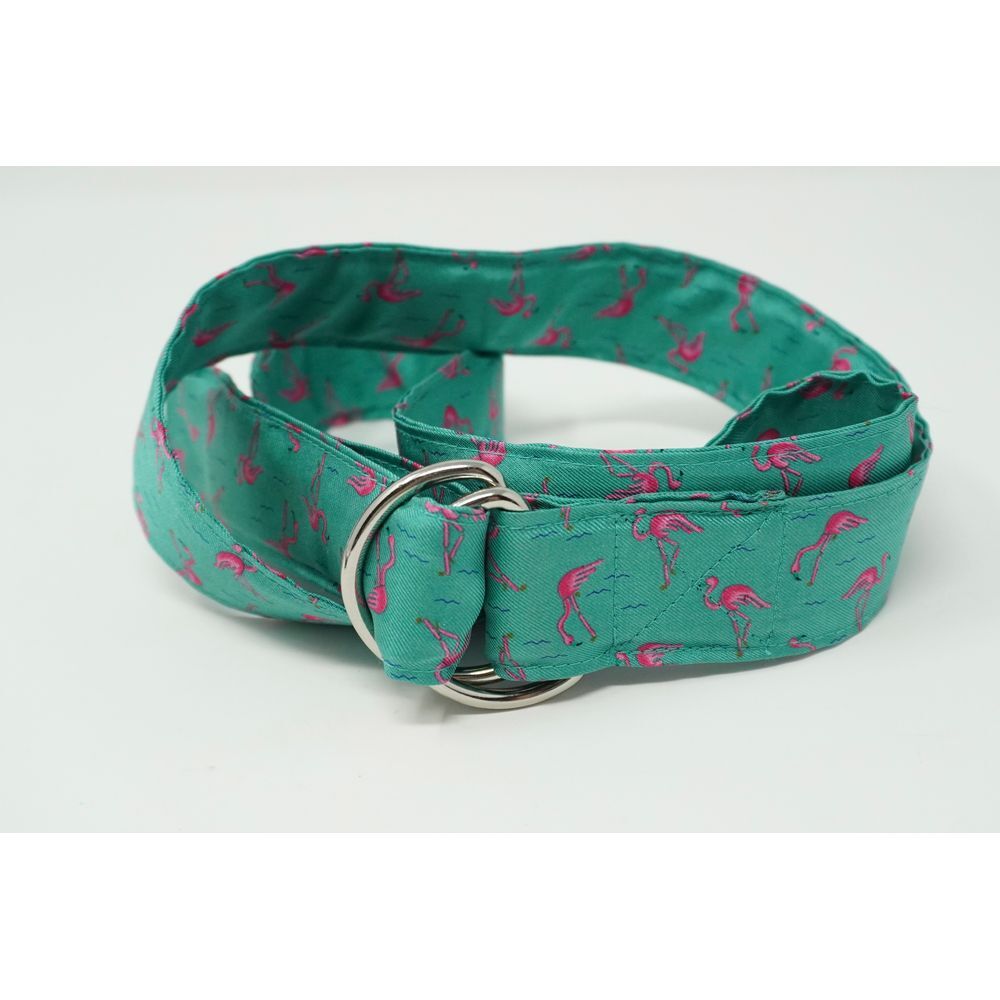 Vintage Alynn Fabric Flamingo Women's‎ D-ring Belt 100% Silk Turquoise Pink